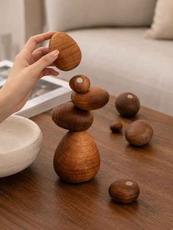 Handcrafted solid walnut blocks with hidden magnets that let them hover and balance in seemingly impossible configurations — kinetic desk sculpture meets Zen fidget toy.