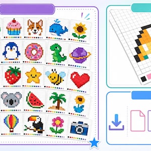 Op de afbeelding: Een verzameling pixel art patronen met diverse iconen zoals een regenboog, dieren, voedsel en natuurelementen in een raster. Een apart paneel toont een close-up van een rasterontwerp met een kleurenpalet en vier download-iconen.