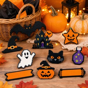 May include: A collection of pixel art Halloween decorations including a black bat, a witch hat, a haunted house, a ghost, a black cat, a purple potion bottle, a jack-o'-lantern, and two orange rectangular signs, all featuring a blocky, digital aesthetic.
