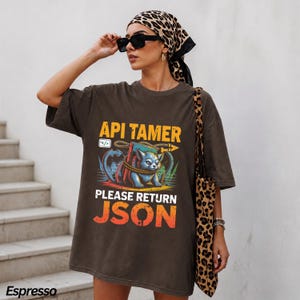 May include: A dark brown oversized t-shirt featuring a graphic print of a blue cat-like creature tied with rope, with the text API TAMER and PLEASE RETURN JSON in orange and white. The shirt has short sleeves and a crew neckline.