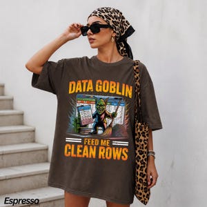 May include: A dark brown oversized t-shirt featuring a graphic of a green goblin holding a broom and a clipboard in front of a spreadsheet. The text reads DATA GOBLIN and FEED ME CLEAN ROWS in orange. The shirt has a crew neck and short sleeves.