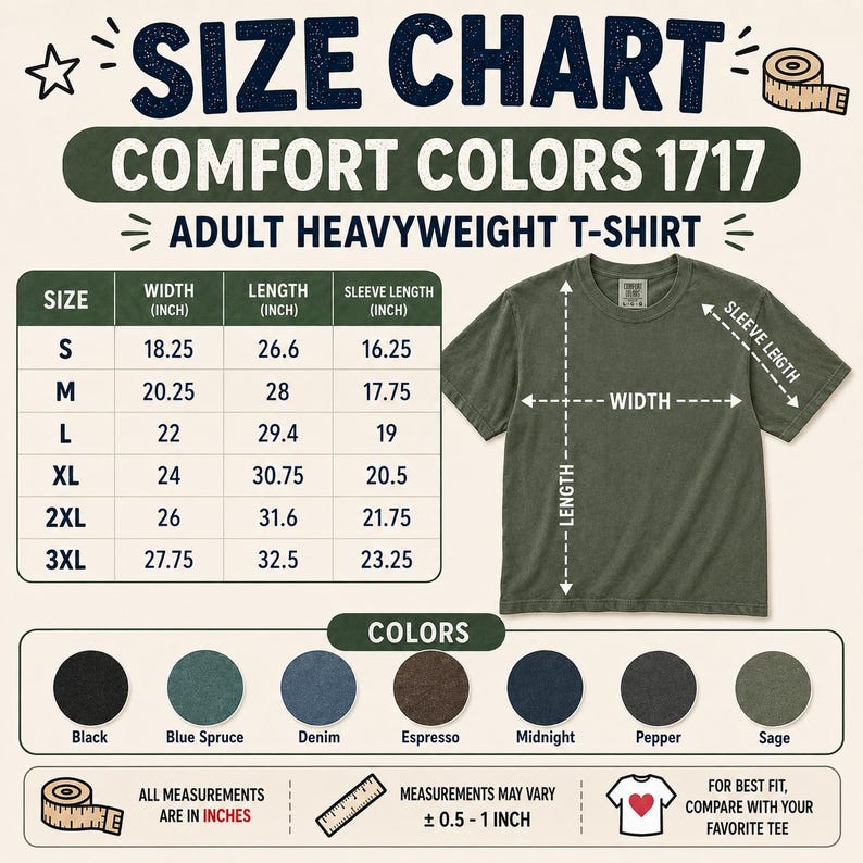 以下が含まれることがあります： Comfort Colors 1717大人用ヘビーウェイトTシャツのサイズチャート。Sから3XLまでの幅、丈、袖丈をインチで示した表、緑色のTシャツを使った視覚的なガイド、7色のカラーオプションが記載されています。