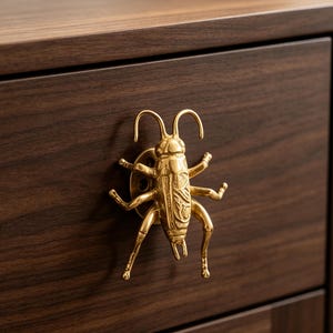 Könnte beinhalten: Ein goldfarbener Möbelknopf aus Metall in Form einer Grille. Der Knopf weist detaillierte Texturen am Körper auf, einschließlich Beinen und Fühlern, und ist an einer dunkelbraunen Holzschubladenfront mit einer runden Basisplatte befestigt.