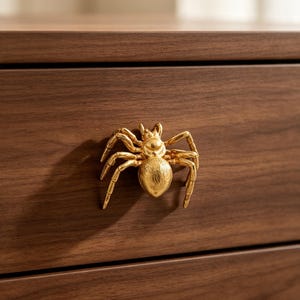 May include: A gold-colored metal spider-shaped drawer pull attached to a dark brown wooden drawer front. The spider features a textured, rounded abdomen and eight articulated legs extending outward, creating a three-dimensional decorative handle.