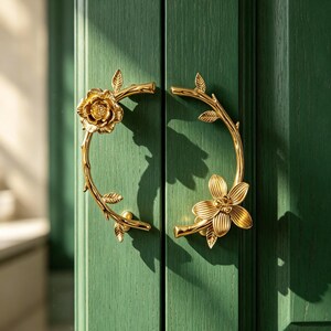 Solid Brass Floral Cabinet Pull, Vintage French Mid Century Gold Drawer Handle, Antique Brass Furniture Hardware, Surface Mount Cabinet Pull