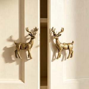 May include: Two antique brass-toned cabinet knobs shaped like standing deer. Each knob features a detailed, three-dimensional stag figure with textured fur and antlers, mounted onto the flat, off-white vertical panels of a double cabinet door.