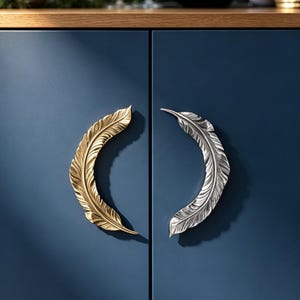 Solid Brass French Feather Cabinet Pull, Vintage Mid Century Drawer Handle, Gold Luxury Dresser Pull, European Brass Cabinet Hardware