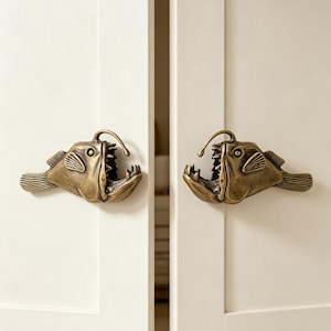 Solid Brass Angler Fish Cabinet Handle, Ocean Lantern Fish Drawer Pull, Handmade Marine Animal Hardware, Nautical Furniture Knob