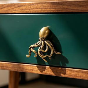 Op de afbeelding: Een messingkleurige metalen ladeknop in de vorm van een octopus, gemonteerd op een donkergroene ladefront. De octopus heeft gedetailleerde tentakels en een gladde kop, wat contrasteert met het groene oppervlak en de natuurlijke houtnerf.