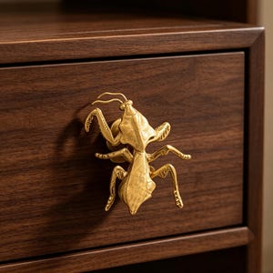 Solid Brass Praying Mantis Handle, Insect Cabinet Pull, Creative Mantis Door Knob, Vintage Brass Drawer Handle, Nature Inspired Home