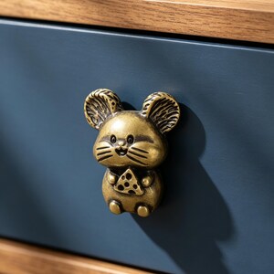Cute Solid Brass Mouse Cabinet Handle, Cheese Mouse Drawer Pull, Creative Animal Furniture Hardware, Vintage Brass Door Knob
