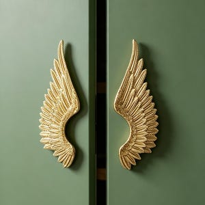 以下が含まれることがあります： 詳細な鳥の翼の形をしたゴールドカラーの金属製キャビネットハンドル一対。各ハンドルは複雑な羽の質感と曲線的なシルエットが特徴で、マットなセージグリーンのキャビネットドアの表面に垂直に取り付けられています。