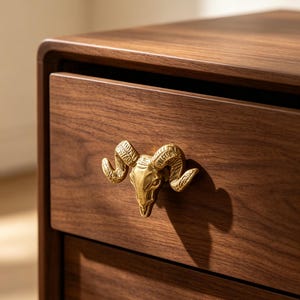 Peut inclure: Un tiroir en bois brun foncé doté d'une poignée métallique dorée en forme de tête de bélier. La poignée représente un crâne de bélier avec des cornes incurvées détaillées, fixée au centre de la façade du tiroir, projetant une ombre marquée.