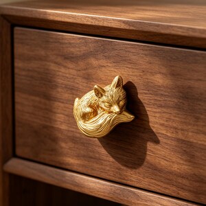 Creative Solid Brass Fox Cabinet Handle, Cute Animal Fox Drawer Pull, Vintage Copper Furniture Hardware, Handmade Woodland Door Knob