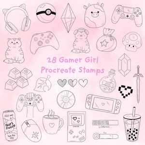 May include: A collection of 28 black line art digital stamps on a light pink background, featuring gaming icons like controllers, a handheld console, a potion bottle, a sword, a cat, a bubble tea, and the text 28 Gamer Girl Procreate Stamps.