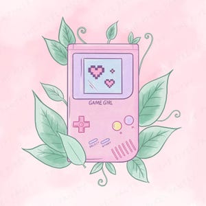 May include: A light pink handheld video game console with the text GAME GIRL printed on the front. The screen displays two pixelated hearts. The console is surrounded by green leaves and vines against a soft pink background with a subtle texture.
