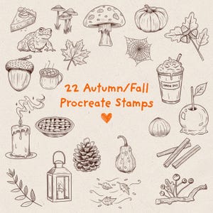 May include: A collection of 22 brown line art illustrations featuring autumn themes including a pumpkin, mushrooms, a frog, a spider web, an acorn, a candle, a lantern, a pinecone, a gourd, cinnamon sticks, and a cup labeled Pumpkin Spice.