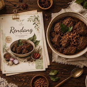 Pode incluir: Um cartão de receita impresso intitulado Rendang com ilustrações em aguarela de especiarias e uma taça de carne, colocado ao lado de uma taça de cerâmica cheia de rendang de vaca castanho escuro, uma colher de metal, taças de especiarias e chalotas.