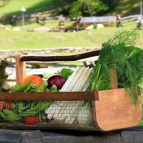 Garden Harvesting Basket, Wood, Rustic, Handmade, Wire Kitchen Storage