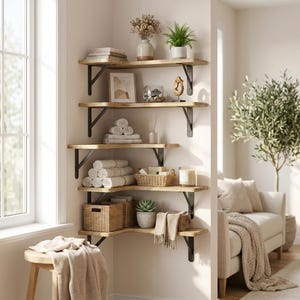 May include: A five-tier corner shelving unit featuring light wood planks supported by black metal brackets. The shelves hold stacked white towels, woven baskets, a glass bowl with stones, a small potted plant, books, and a candle in a glass jar.