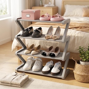 May include: A four-tier grey zig-zag shoe rack holding various footwear including black loafers, beige pumps, white flats, and sneakers. A pink storage box and two pink shark-shaped slides sit on the top shelf. The rack has a modern frame.