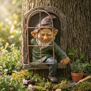 Könnte beinhalten: Eine Gartenzwerg-Figur, die aus einem braunen, bogenförmigen Fensterrahmen schaut. Der Zwerg trägt eine dunkelbraune Zipfelmütze, eine grüne Tunika und eine blaue Hose. Der Fensterrahmen hat ein Metallgitter und ist an einem Baumstamm befestigt.