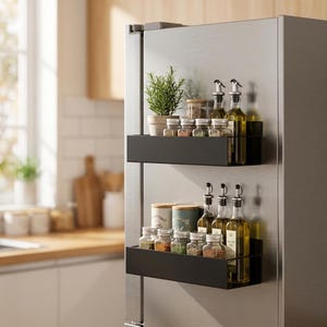 Könnte beinhalten: Zwei rechteckige, mattschwarze Magnetregale an einem Kühlschrank aus Edelstahl. Die Regale enthalten verschiedene Gewürzgläser, Ölflaschen aus Glas mit Ausgießer, eine kleine grüne Topfpflanze und zwei zylindrische Vorratsbehälter.