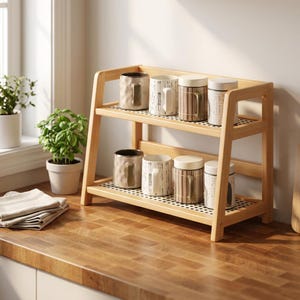 Könnte beinhalten: Ein zweistöckiges Aufbewahrungsregal aus hellem Holz mit einem Rahmen mit schrägen Seiten und flachen Ablagen. Die Regalböden sind mit einer weißen Matte mit schwarzen Punkten ausgelegt. Acht zylindrische Tassen mit verschiedenen Mustern stehen darauf.
