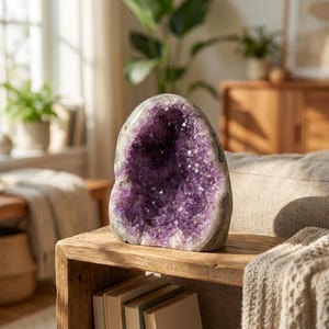 Könnte beinhalten: Eine große, aufrecht stehende Amethyst-Geode mit einem hohlen Zentrum voller tiefvioletter, kristalliner Strukturen. Das Äußere des Steins ist eine glatte, gräulich-weiße Gesteinsformation. Sie steht auf einer Holzoberfläche über mehreren Büchern.