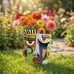 Maceta con rostro abstracto, jarrón de flores de arte moderno y colorido, decoración de jardín original, regalo único para inauguración de casa.