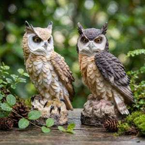 Könnte beinhalten: Zwei Eulenfiguren auf strukturierten Felssockeln. Die linke Eule hat hellbraune und cremefarbene Federn mit dunklen Krallen. Die rechte Eule zeigt ein dunkelbraunes und graues Gefieder mit heller Brust. Beide haben gelbe Augen und Federohren.