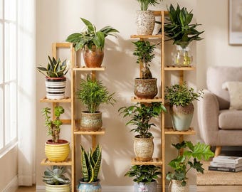 Supporto per piante alto in legno, scaffale multilivello per piante da interno, espositore verticale per vasi di fiori, supporto angolare per piante, arredamento moderno per la casa.