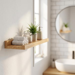 May include: A light-colored wooden floating shelf mounted on a white wall. The shelf holds a stack of three neatly folded white towels, a clear glass jar filled with white bath salts, a small green fern plant in a pot, and a beige soap dispenser.