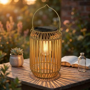 Può includere: Una lanterna solare cilindrica con una struttura in rattan intrecciato color marrone chiaro, un pannello superiore nero e un manico in metallo. La lanterna emette una luce calda da una lampadina interna, proiettando ombre lineari.