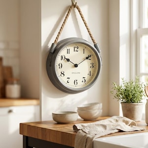 Puede incluir: Un reloj de pared redondo con un marco de metal gris y una esfera de color crema con números arábigos negros y la palabra ENGLAND impresa en el centro. El reloj está suspendido por una cuerda gruesa y trenzada de color natural en la parte superior.