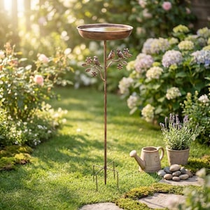 May include: A tall, copper-coloured metal bird bath featuring a circular basin supported by a slender stem. The stem is decorated with two small bird figures perched on branches with leaves and flowers. It stands on a four-pronged metal base.