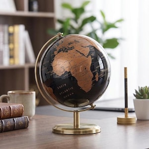 Pode incluir: Um globo decorativo com superfície oceânica preta e continentes de cor cobre, com nomes de países e oceanos impressos em preto. O globo está montado sobre uma base circular de metal cor de latão com um arco meridiano a condizer.