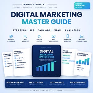 May include: A digital marketing master guide document featuring a central dark blue cover with a bar chart graphic, surrounded by white informational cards detailing strategy, channel playbooks, email automation, and Looker Studio dashboards.