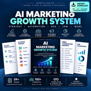 Pode incluir: Um recurso de marketing digital intitulado AI Marketing Growth System, incluindo um roteiro de 90 dias, kit de ferramentas de IA, mais de 100 prompts e um painel de KPI. O documento contém seções de estratégia, automação e análise.