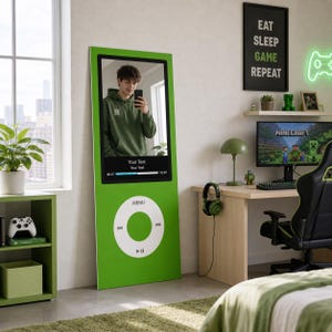 May include: A tall, rectangular, bright green floor mirror designed to resemble a classic digital music player. It features a large black screen area, a white circular navigation wheel with playback icons, and the text 'Your Text' displayed twice.