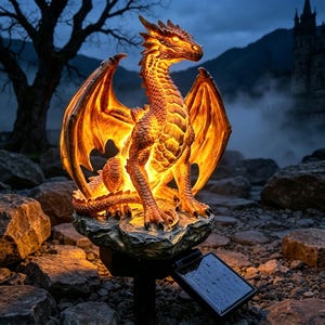 May include: A solar-powered dragon garden stake featuring a textured, golden-orange glowing dragon sculpture perched on a rocky base. The dragon has detailed scales, spread wings, and sharp claws, with a small black solar panel attached to the stake.
