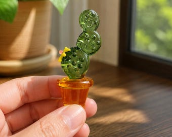 Handblown Glass Mini Cactus Figurine | Cute Desk Decor & Plant Lover Gift | Miniature Faux Potted Plant