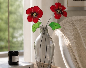 Set di 2 ibisco in stile vetrata, decorazioni tropicali boho per la casa, fiori artificiali rosso cremisi, regalo di Natale unico, arte botanica per tutti i giorni