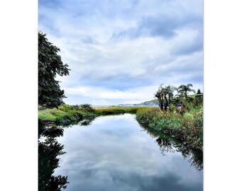 Peaceful Pond Reflection Landscape Poster: Serene Water, Cloudy Sky Art
