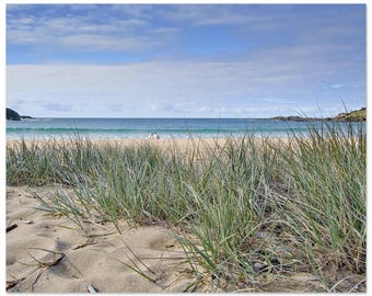 Op de afbeelding: Een zanderig strandlandschap met hoog, groen duingras op de voorgrond. Het middenplan toont een kalme blauwe oceaan met zachte golven die de kustlijn ontmoeten onder een heldere, gedeeltelijk bewolkte lucht met zachte blauwe tinten.