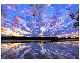 Peut inclure: Une photographie de paysage montrant un coucher de soleil sur un lac calme. Le ciel est rempli de nuages dans des tons de bleu, violet et orange. La silhouette sombre d'une ligne d'arbres sépare le ciel de son reflet sur l'eau.