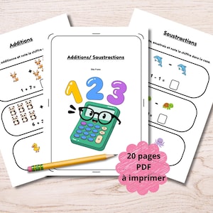 Puede incluir: Un conjunto de hojas de trabajo de matemáticas imprimibles con ejercicios de suma y resta, ilustraciones de animales, una calculadora con gafas, un lápiz amarillo y la etiqueta 20 páginas PDF para imprimir.