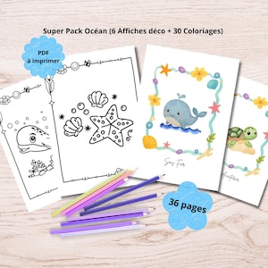 May include: A digital ocean-themed activity pack featuring printable pages with black and white line art of sea creatures and colorful illustrations of a whale and turtle, accompanied by a set of colored pencils and text reading Super Pack Océan.