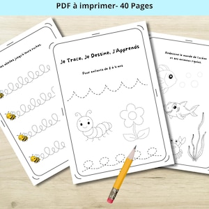 Puede incluir: Un libro de actividades en PDF imprimible de 40 páginas para niños con ejercicios de trazado que incluyen abejas, una oruga, una flor y animales marinos como un pez, un tiburón y un cangrejo, junto a un lápiz amarillo con goma rosa.