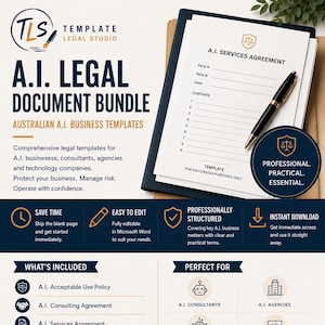 Bundel met juridische documenten voor AI | Australische AI-bedrijfssjablonen | Pakket met AI-beleid, AI-consulting, AI-diensten en AI-overeenkomsten | Word